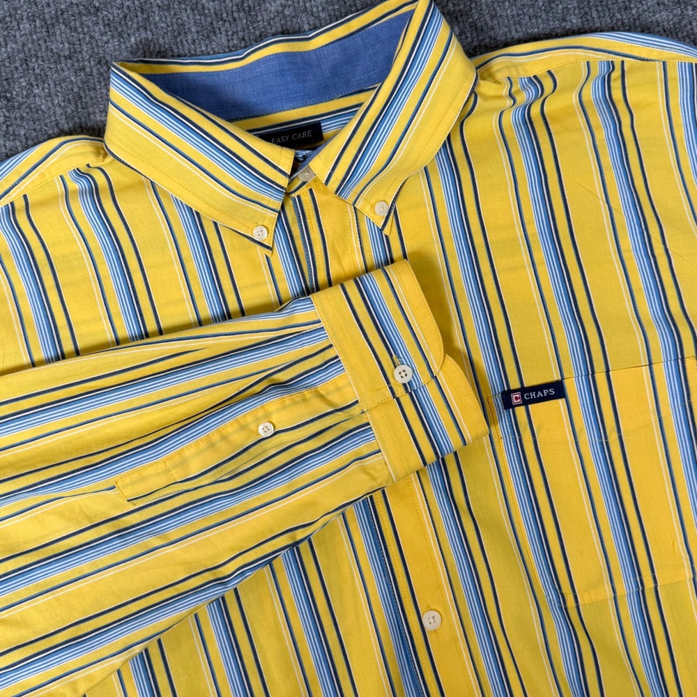 Chaps Mens 2XL Easy Care Striped Button Down Shirt Yellow Blue Workwear Preppy